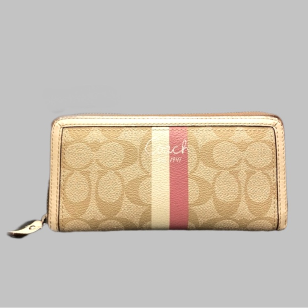 Coach Signature Pink and White Stripe Wallet